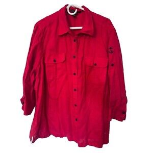 Ralph Lauren Linen Button Up Long Sleeves Top Women's 3XL Red Blouse Plus Size